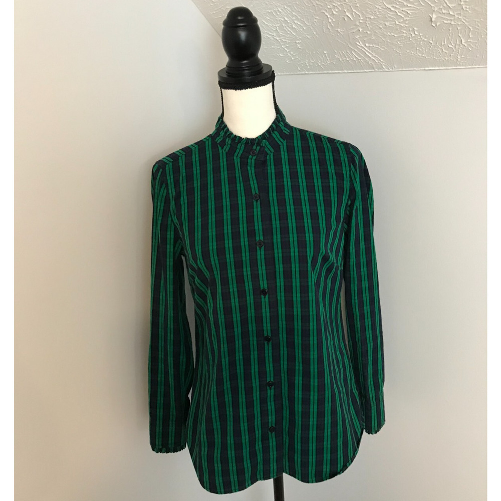 Vineyard Vines Plaid Ruffle Shirt 4 Navy Green Button Down Preppy Top - Picture 2 of 13